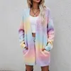 Outono vintage cardigans inverno feminino camisola bolsos arco-íris tie-dye meados de comprimento cardigan camisola de malha jaqueta 240227