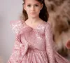 Robe de princesse en dentelle à paillettes pour filles, col en v, manches longues, courte, à fleurs, robe de bal, robes pour petites filles