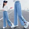 2023 outono meninas jeans para menina adolescente elástico cintura alta denim calças de perna larga crianças calças retas rasgado 240227