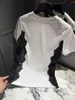 여자 T 셔츠 2024 스프링/여름 흑백 블록 장미 레이스 스 플린트 둥근 목 짧은 슬리브 티셔츠 여자 탑
