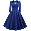 Kleid ausgehöhlt Damen 50er Jahre Rockabilly Kleid 3/4 Langarm V-Ausschnitt Swing Solid Rot Blau Grün Baumwolle Retro Vintage Party Sommerkleid