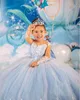 Princess Blue Flower Girl Dresses With Big Bow Sash A Line Crew Neck Sheer Long Sleeves Appliques Sequins Long Toddler Teens Pageant Party Gowns BC18318