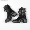 Botas femininas outono inverno couro genuíno preto metal cinto fivela meados de bezerro punk saltos grossos zip motocicleta zapatosh2435