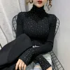 Pullovers Fashion Autumn Rhinestone Sweater Fall Winter Slim Thin Trans Bottled Dorts Turtleneck Pullovers requed infershirts tops