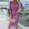 Dress Women Elegant Graphic Print Slim Party Dress Office Sexy Deep Vneck Wrap Midi Dress Casual Puff Short Sleeve Bohemian Hip Dress