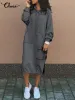 Dress Hoodies Dress for Women Celmia 2023 Fashion Hooded Long Vestidos Winter Warm Casual Loose Sweatshirt Dress Hem Laceup Midi Robe