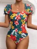 Anzüge sexy Square Collor Ein Stück Badeanzug 2022 Frauen Blumendruck bakcless gekräuseltes Badebekleidung Retro Kurzarm Badeanzug Monokini