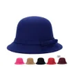 Stingy Brim Chapéus Mulheres Senhoras Inverno Vintage Elegante Fedoras Lã Bow-Nó Chapéu De Feltro Cloche Bucket Caps2787