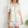 Pijamas femininos casuais verão mulheres pijamas conjunto nightwear moda manga curta pão impressão botão até camisa shorts solto loungewear