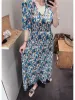 Dress New Summer Casual Elegant Retro Vneck Bubble Mid Sleeve Dress Bohemian Blue Printed Midi Dresses For Women 2023 Maxi Jurk