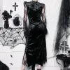 Dress Black Flannel & Floral Lace Flare Sleeves Sexy Club y2k Gothic Dress Women Victorian Clothes Harajuku Fashion Dresses For Ladies