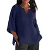 Blouses Femmes Femmes Printemps Automne Col en V Chemise À Manches 3/4 Couleur Unie Coupe Ample Fendue Sur Le Côté Décontracté Chemisier Surdimensionné Streetwear Coton Lin