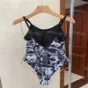 Designer Printed One Piece Bikini Sexy Leakback Swimsuit Rhinestone Letters Adorn Beach Bikinis For Women Summer Surf Swimwear