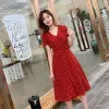 Dress Chiffon Wrap Women Dresses Midi Loose Korean Party Short Summer Light Dress Floral Tunics Fashion Vintage Red Polka Dots Casual