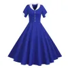 Robe Années 50 Années 60 Bleu Boutonné Été Casual Robes Solides pour Femmes Ajustées et Flare Vintage Robe Élégante Polyester Robe Rockabilly 2023