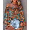 Damesblouses Sexy Dames Tribal Print Off-shoulder Lange lantaarnmouwen Gebonden Detail Decor Vrouwelijke top Casual losse tops Strandkleding