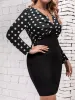 Klänningar Finjani Patchwork Polka Dot Print Dress for Women 2023 Summer Plus Size Long Sleeve Vneck Retro Elegant BodyCon Midi Dress