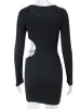 Dress Sexy Waist Hollowed Mini Dress Sexy Black Long Sleeves Slim Dresses 2023 Elegant Women Metal Chain Decoration Vestidos