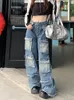 Dżinsy damskie japońskie streetwear moda niebieskie ładunki szerokie spodnie Hiphop proste swobodne spodnie wiele kieszeni workowate krusze z grunge