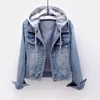 Kvinnors jackor jackor denim kvinnor höstrock rippade huva ytterkläder rockar vindbrytare grundläggande pojkvän jeans 240305