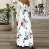 Kleid Frühling Sommer Blumendruck Langes Kleid Boho V-Ausschnitt Langarm Spitze Patchwork Partykleider Für Frauen Mode Urlaub Maxikleid