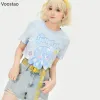 T-Shirts Summer Japanese Women Cute Lolita Blue TShirts Kawaii Cartoon Graphic 100% Cotton Short Sleeve Crop Tops Girls Sweet Tee Tshirt