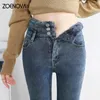 Frauen Jeans ZOENOVA Dicke Samt Frauen Hohe Taille Dünne 2024 Winter Warme Fleece Slim Stretch Damen Casual Denim Bleistift Hosen