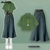 Work Dresses Women Summer Chic Floral Green Shirts 2024 Lady Fashion Short Sleeve Top Mermaid Denim Skirts Two Piece Set Trendy Outfits