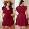 Robes Élégantes Grande Taille Femmes Robe Courte Sexy Col en V Manches À Volants Bouton Avant Décontracté Mini Robe pour La Plage Vacances D'été