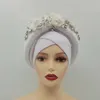 Frisado Nigéria Gele Pronto Africano Headtie Feminino Head Wraps Party Headpiece Muçulmano Lenço Chapéu Womens Turban Cap com Pedras 240301