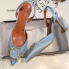 Stor storlek 41 42 Blue Silk Satin Pointy Toe Rhinestone Crystal High Heels Shoes Slip On Women Wedding Pumps Sandal