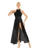 Stage Wear Women Adult Sleeveless Halter Sequined Mesh Maxi Ballet Dance Dress Performance With Built-in Leotard