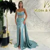 Sky Blue Mermaid Split Evening Dresses Sexy Sweetheart Sleeveless Sheer Beadings Pleats Ruffles Long Party Prom Dress