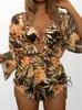 Summer Women Sexy 3 Pieces Suit Floral Print Swimwear Drawstring Beachwear Holiday Bikini SetBodysuit Overall Swimsuit 240220