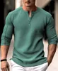 남성 와플 헨리 셔츠 티 탑 긴 소매 평범한 거리 휴가 긴 슬리브 의류 의류 의류 패션 남성용 기본 티셔츠 240229