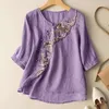 Women's Blouses Ladies Embroidered Shirt Short Sleeves Round Neck Bohemian Style Casual Loose Button T Classic Comfort Shirts For Women