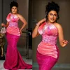 African Aso Ebi Prom Dresses Fuchsia Pink Evening Dresses One Shoulder Formal Dresses for Special Occasions Sequined Lace Beaded Mermaid Birthday Dress AM478