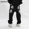 Hip Hop Gothic Denim Spods Streetwear Mens Graphic Print workowane punkowe rock dżinsy Harajuku swobodne luźne spodnie dżinsowe czarne 240226