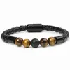 Pulseras con dijes Pulsera de cuero para hombre Cuentas de piedra de chakra de lava Pulseras con cierres magnéticos de acero inoxidable;Brazaletes para hombres joyería punk