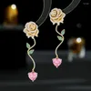 Dangle Earrings Gold Color Rose For Women Girl Cubic Zirconia Leaf Flower Pink Heart Drop Sister Daughter Gift