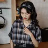 Shirt Vintage Plaid Short Sleeve T Shirt Aesthetic Summer Blouses For Women 2023 Free Shipping