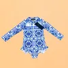 Girls Long sleeved One piece Swimsuit Spring swimwear Hanging Strap Printed Sweet Cute Baby Girl Swimsuits 2024 Childrens Swimming Suit CSD2403057-8