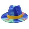 Mode Flache Krempe Jazz Filz Hut Neue Ankunft Trendy Dame Bunte Tie Dye Panama Faux Wolle Fedora Hut Kappe mit Gelb Band2259