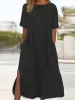 ドレス2023秋のコットンリネン女性の長いドレスOneckポケットカジュアルドレス