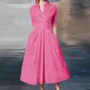 Casual Kleider Frühling Herbst Elegante Dünne Feste Farbe Kleid Drehen-unten Kragen Taste Große Schaukel Midi Damen Party Vestidos