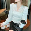 Женские блузки 2024, элегантная сетчатая кружевная плиссированная короткая рубашка, женская мода, осенняя жаккардовая шифоновая блузка с v-образным вырезом и длинными рукавами, женский топ
