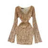 Dress 2023 Autumn New Sexy Vneck Gold Sequin Dress Women Long Sleeves Glittering Party Dress Girl Hip Wrap Bodycon Short Night Dress