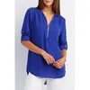 Kvinnors blusar Dinboa-2024 Plattform V-hals blixtlås Medium långärmad solid pendlare tryckt chiffon toppskjorta
