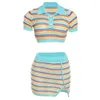 Work Dresses Weird Puss Women 2 Piece Set Knit Colorful Striped Sexy Short Sleeve Crop Tops Split Skirts Stretch Casual Matching Streetwear