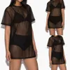 Women Mesh Bikini Cover Up Short Sleeve Transparent O-neck Swimsuit Cove-ups Summer Female Sexy Beach Dress Sarongs214x